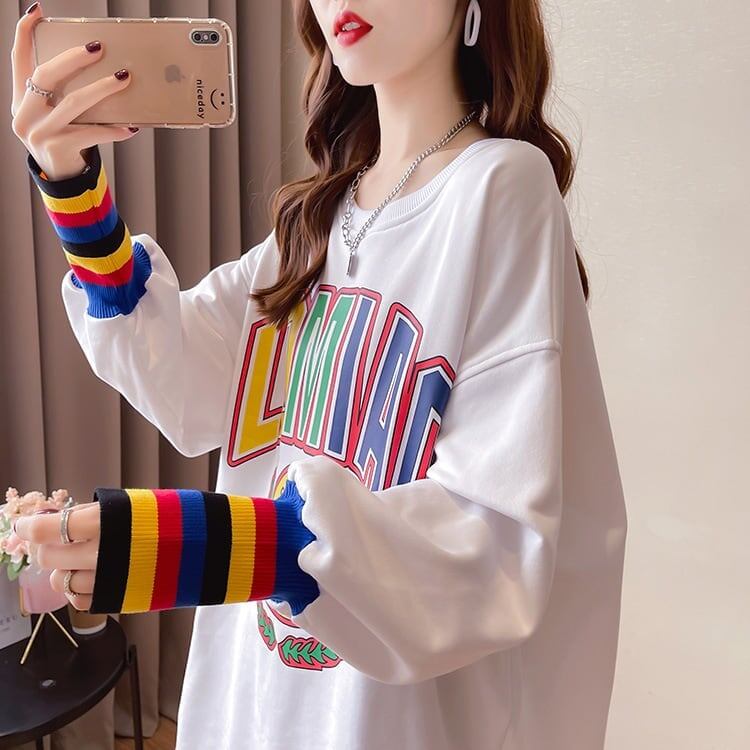 着せ グラフィックプリント 虹色 ロング長袖Tシャツ 三色トップス＜S-4107＞