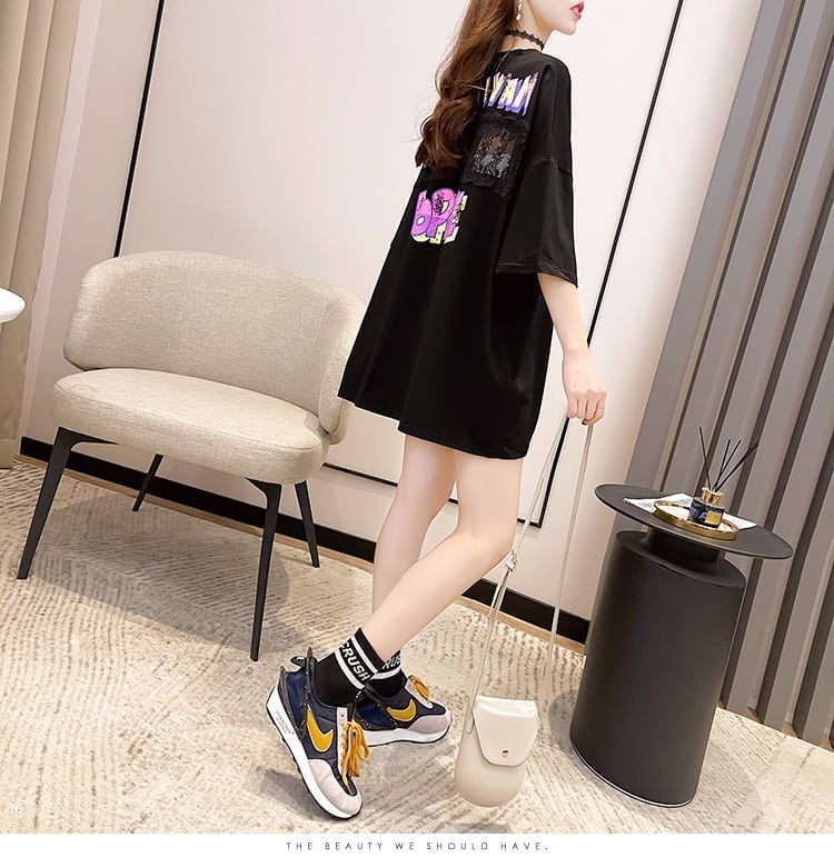 【半額！期間限定！！】グラフィック レース 透かし彫り ロング Tシャツ ゆったりワンピース ＜S-4021＞
