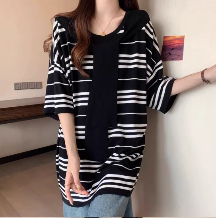 超人気 レイヤード風 カジュアル ストライプ柄 ゆったり 半袖 Tシャツ＜S-8797＞