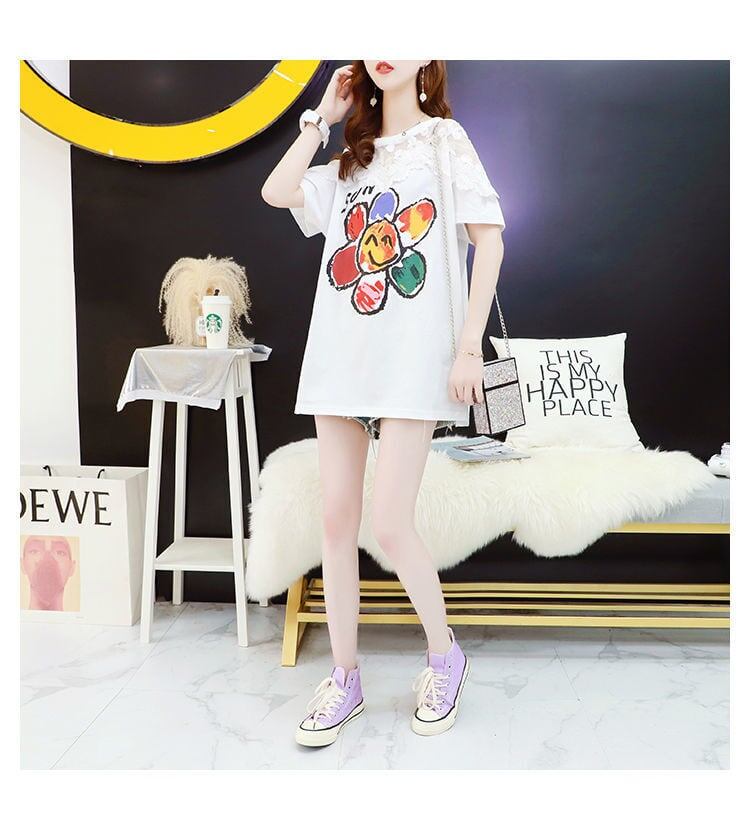 大人可愛い 切り替え レース 透かし彫り プリント全2色 半袖Tシャツ カットソー ＜S-8560＞