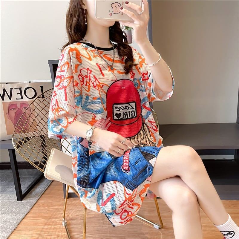 おしゃれ度アップ ロング 落書きストレート系 Tシャツ ゆったり ワンピース＜S-2995＞
