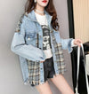 絶対流行 ファッション 活躍する優秀アイテム チェック柄 切り替え デニム Tシャツ ＜S-9264＞