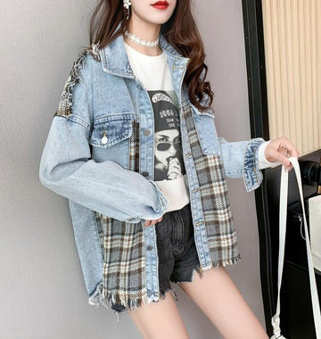 絶対流行 ファッション 活躍する優秀アイテム チェック柄 切り替え デニム Tシャツ ＜S-9264＞