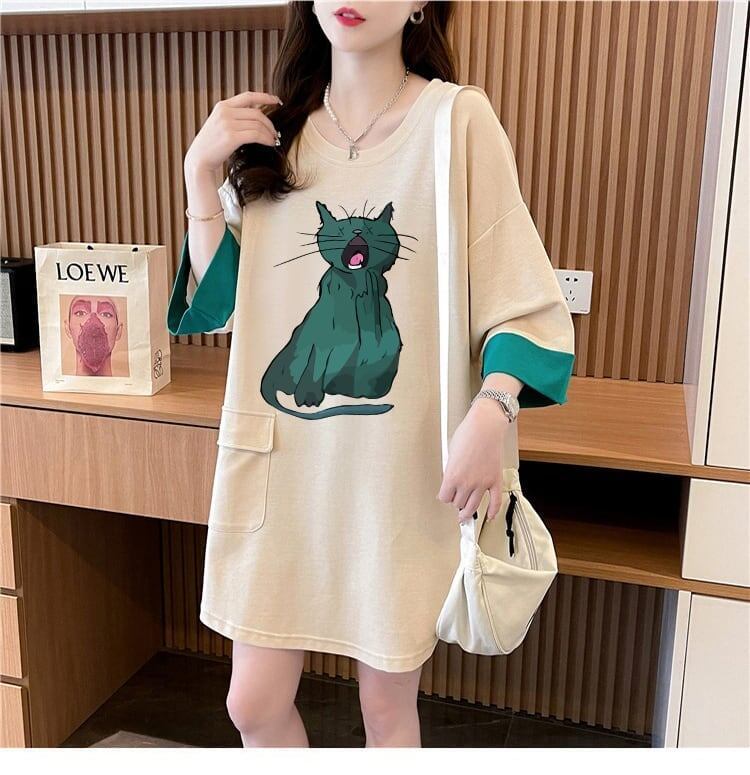 ユニークなデザイン気質のカラーブロック半袖Tシャツ<S-2900>