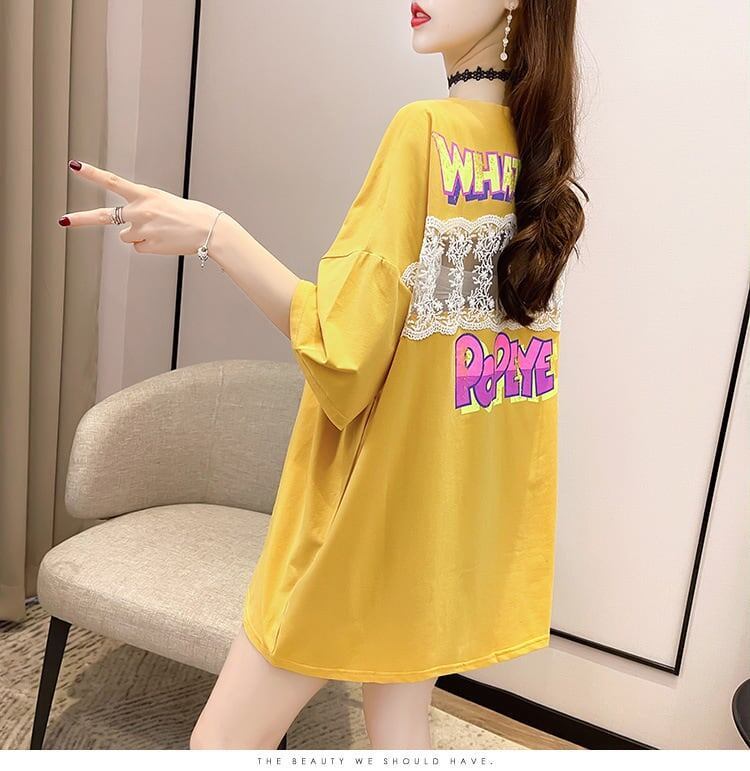【半額！期間限定！！】グラフィック レース 透かし彫り ロング Tシャツ ゆったりワンピース ＜S-4021＞
