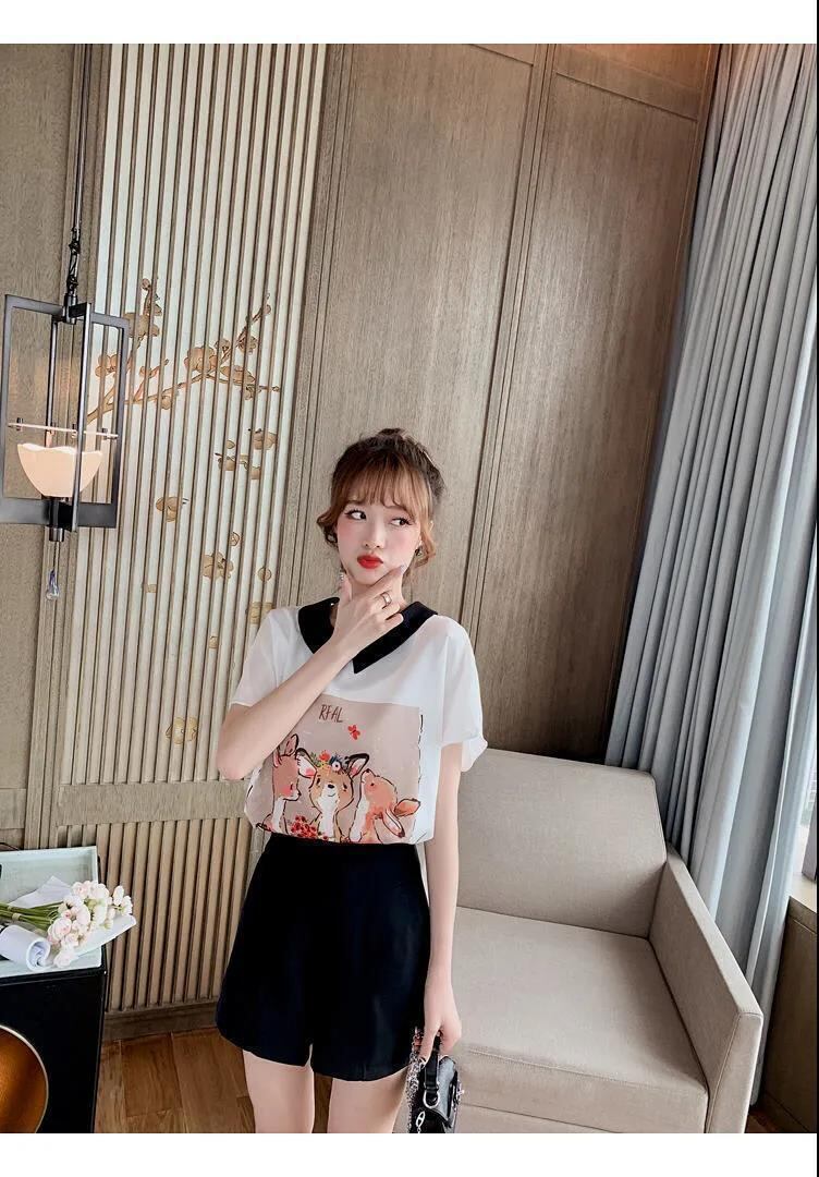 美人度アップ シフォン スウィート 半袖 Tシャツ ショートパンツ セットアップ ＜S-9234＞