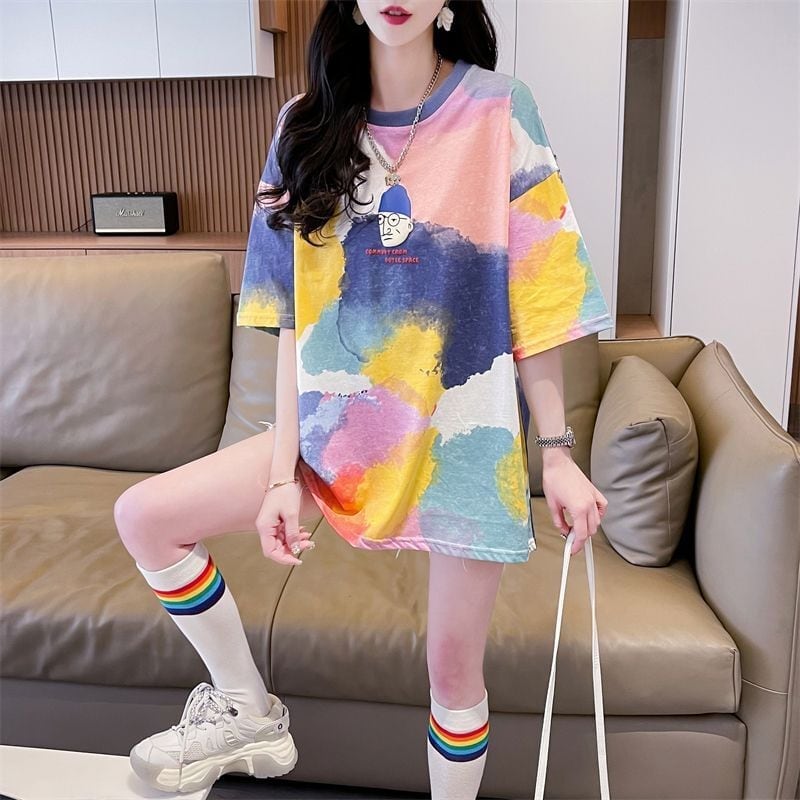 売り切れ必至 絞り染め ファッション プリント 2色選択 半袖Tシャツ＜S-8573＞