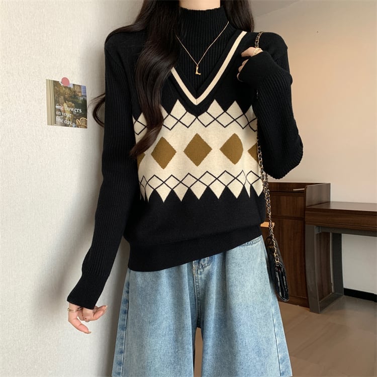 人気上昇中 レイヤード風 おしゃれ度高め 全2色 ニットトップス<S-9583>