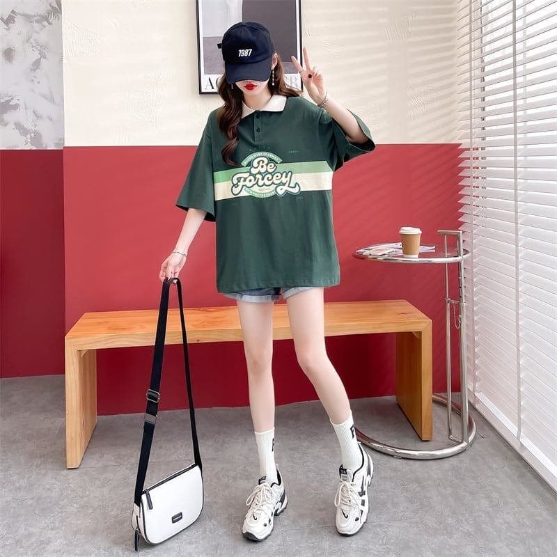 スタイルアップ グラフィック POLOネック ドロップショルダーTシャツ ゆったり半袖 ＜S-3048＞