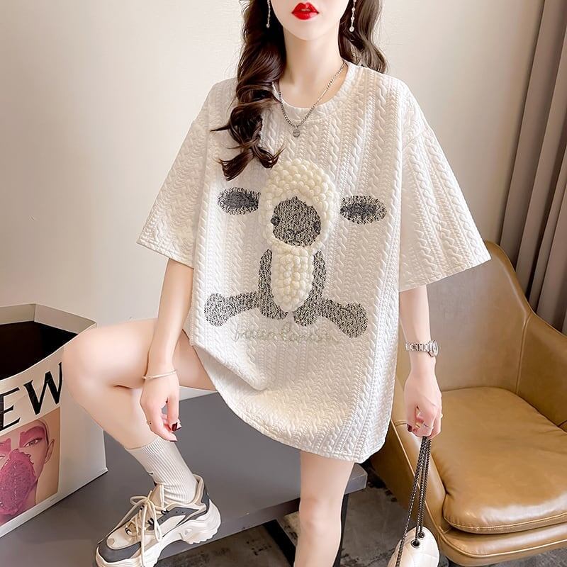 高級立体ハンドビーズコットン半袖Tシャツ<S-2998>