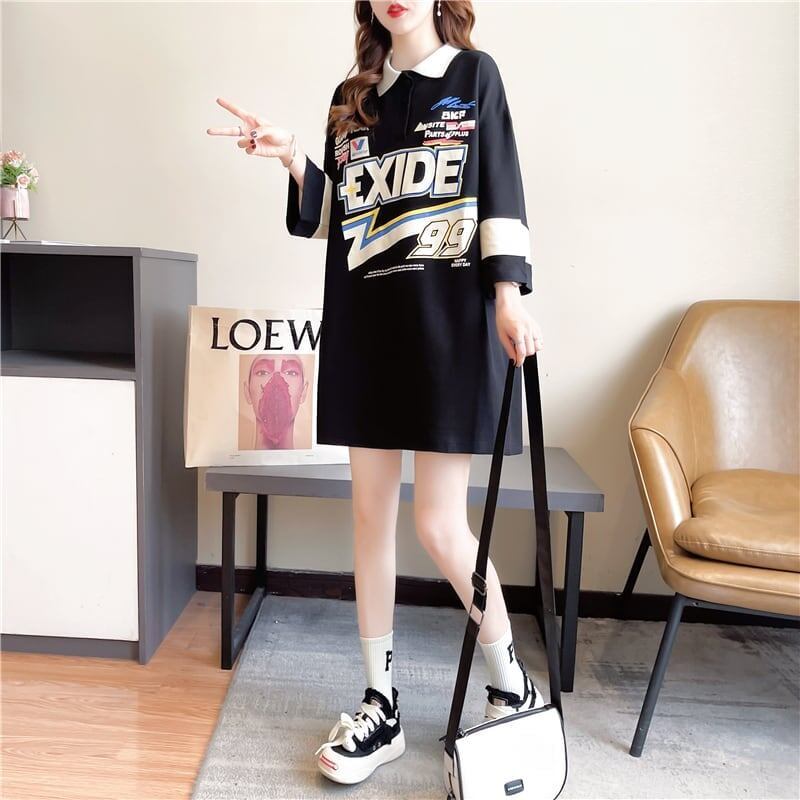 質感のいい ロング POLOネック プリントTシャツ ゆったり半袖 ＜S-2928＞