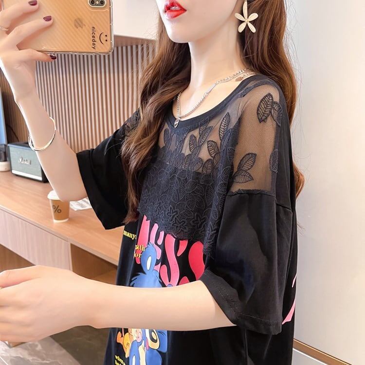ファッションデザインレースミドル丈半袖Tシャツ<S-3017>