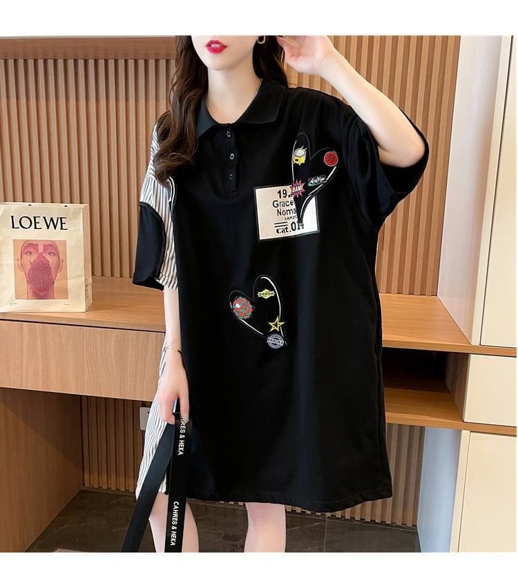 POLOネック 切り替え ストライプ柄 ロング Tシャツ ゆったりワンピース ＜S-3031＞