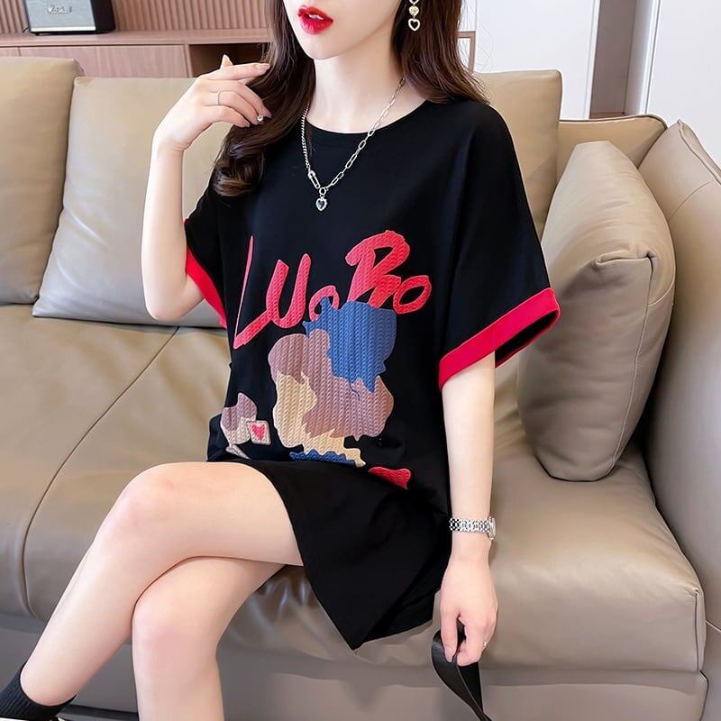 気質とデザインセンスを備えた対照的な色の漫画半袖Tシャツ<S-2990>