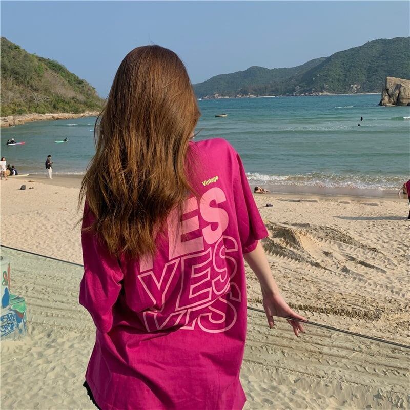 着心地良い プリント アルファベット ロング Tシャツ ゆったり半袖 ＜S-2851＞