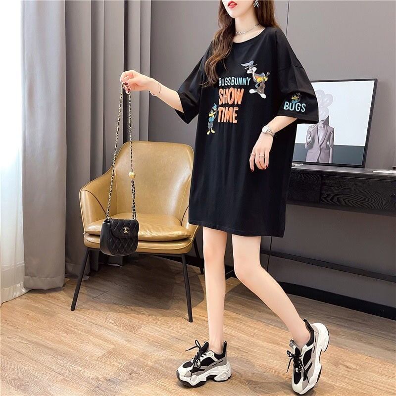 着?せ プリント アルファベット ロングTシャツ 四色 ゆったりワンピース ＜S-4018＞