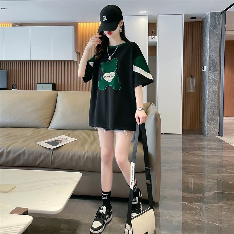 カジュアルルーズワッペン刺繍ステッチカラーブロック半袖Tシャツ<S-2870>