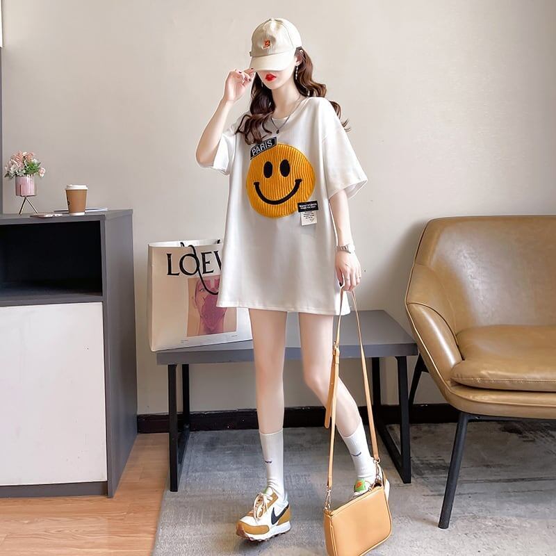 質感のいい ニコちゃん刺繍 スマイル ロング Tシャツ ゆったり半袖 ＜S-2947＞