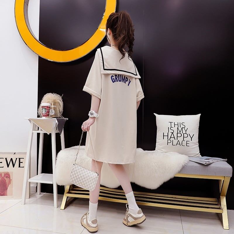 【半額！期間限定！！】絶対欲しい アルファベット セーラー襟 プリント ロング Tシャツ ゆったりワンピース ＜S-4020＞