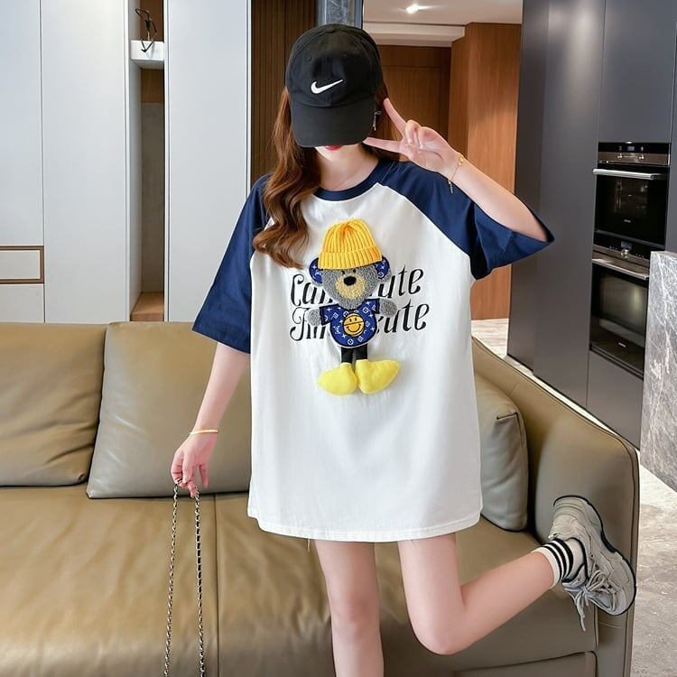 大注目 ラグランTシャツ カラーマッチング クマちゃん アルファベットプリント半袖 ＜S-2970＞