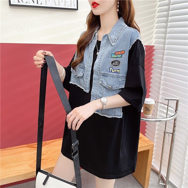 ウエスタンテイストのエイジレスなデザインセンスのデニム継ぎ半袖Tシャツ<S-2912>