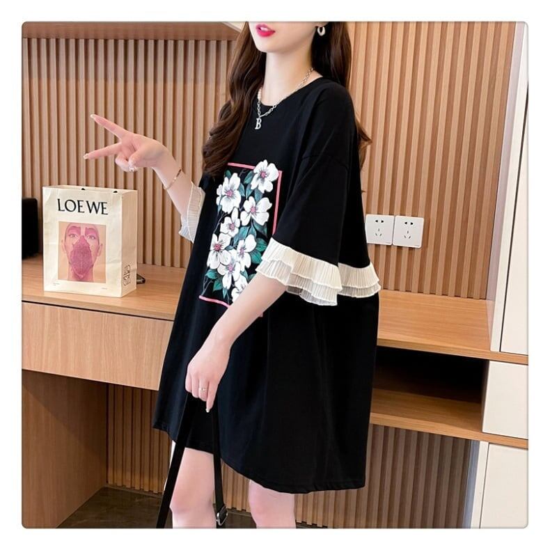 優しい雰囲気 プリント フリル切り替え ロングTシャツ ゆったり半袖＜S-2891＞