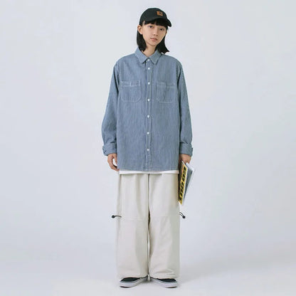 【春先行き】ルーズ ストライプ 着痩せ 男女兼用 シャツ MO-13133